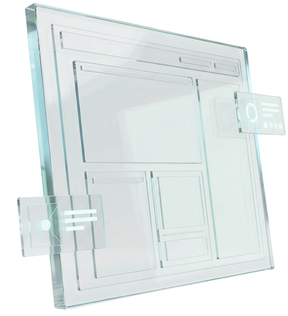Futuristic transparent holographic display with floating interface panels and digital elements.