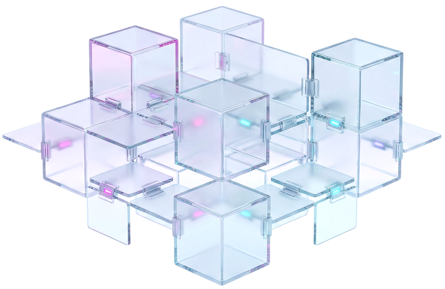 Cluster of illuminated, transparent, square containers with holographic lights.