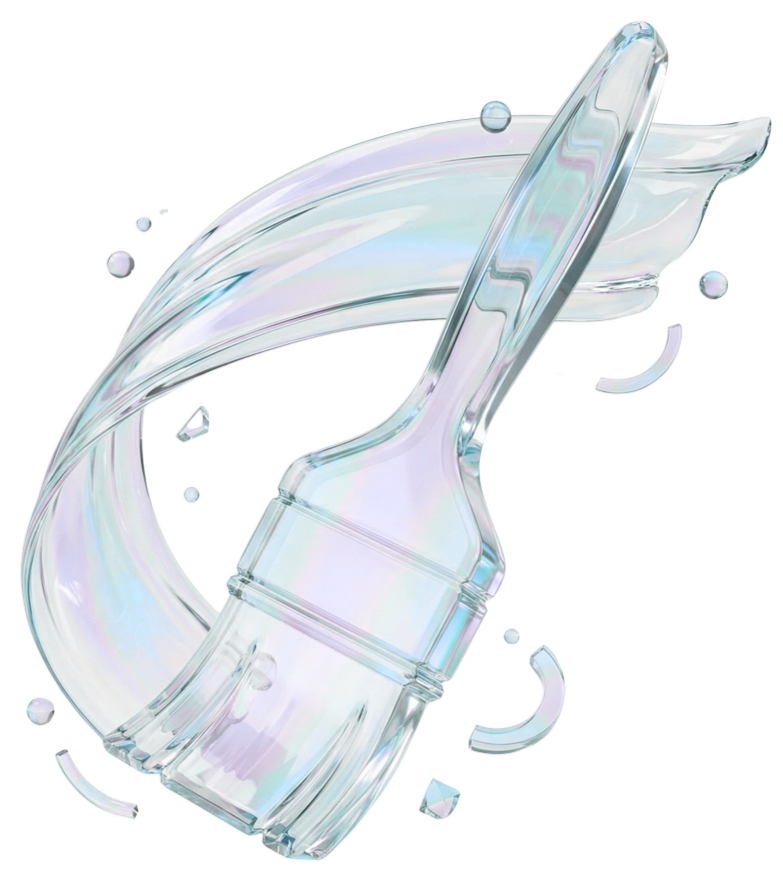 A clear, iridescent makeup brush with holographic accents, surrounded by splashes of liquid and bubbles.
