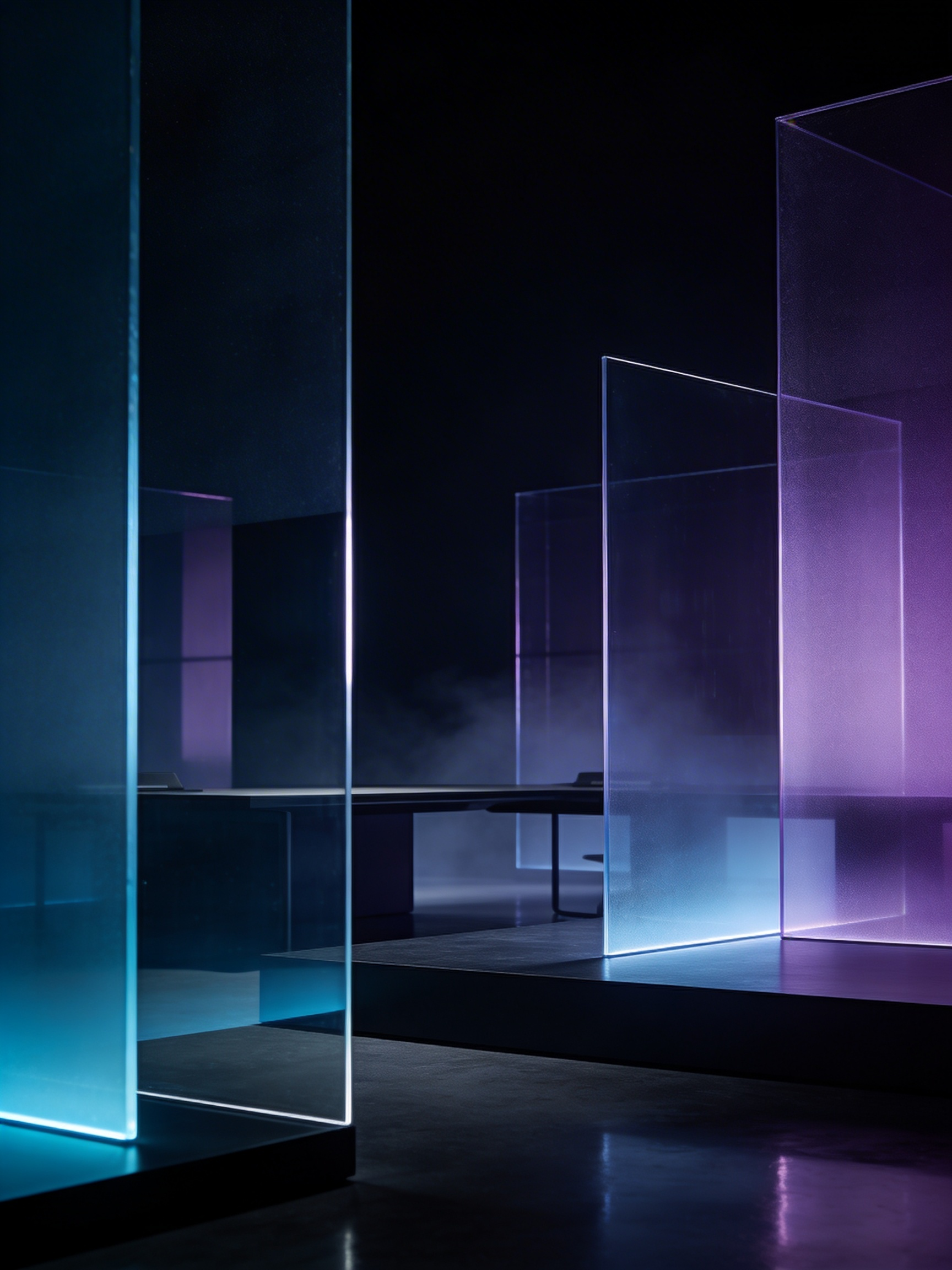 Abstract art installation with illuminated, transparent glass panels in blue and purple hues.