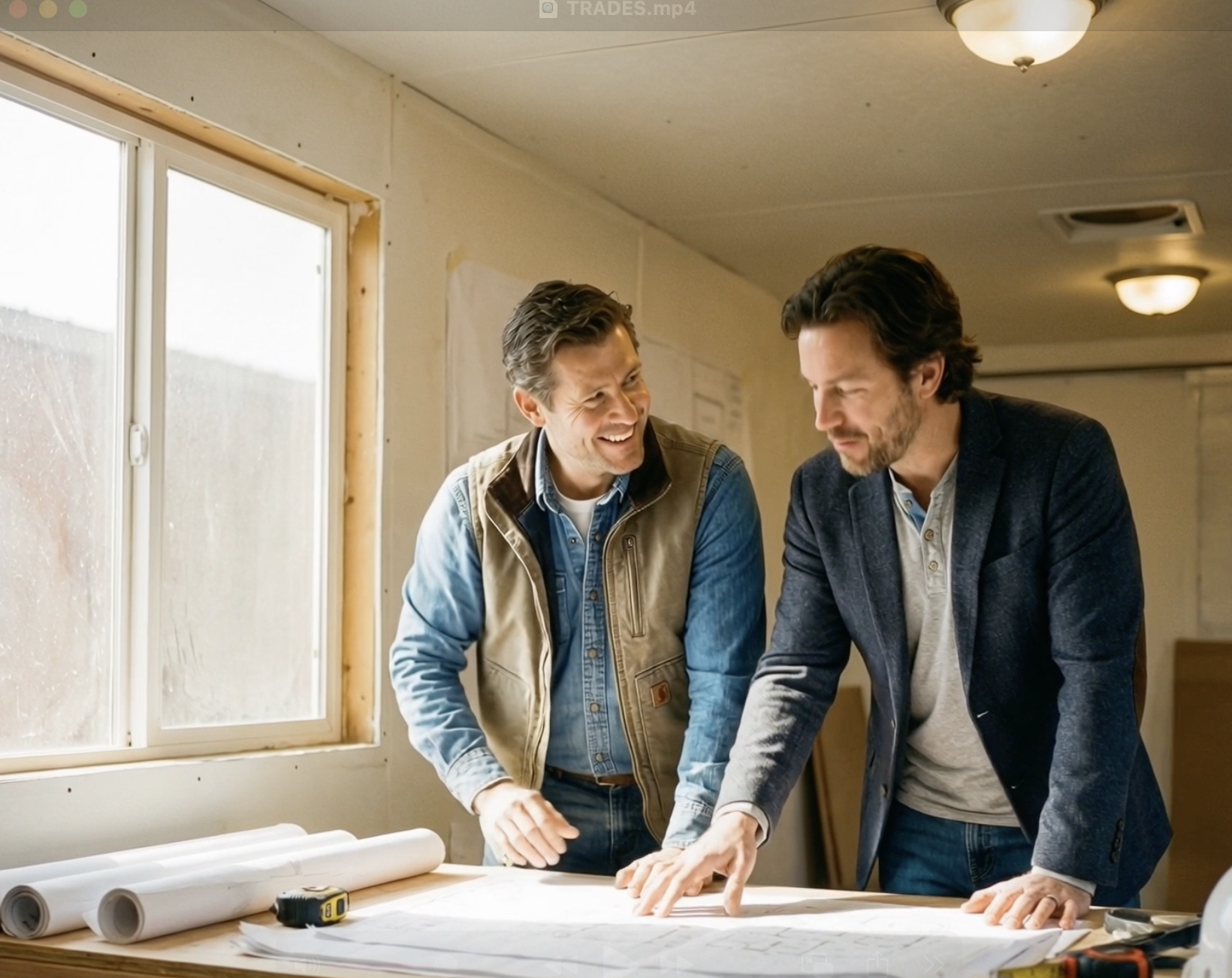 Two men are discussing over architectural plans in a room with a window and warm lighting.