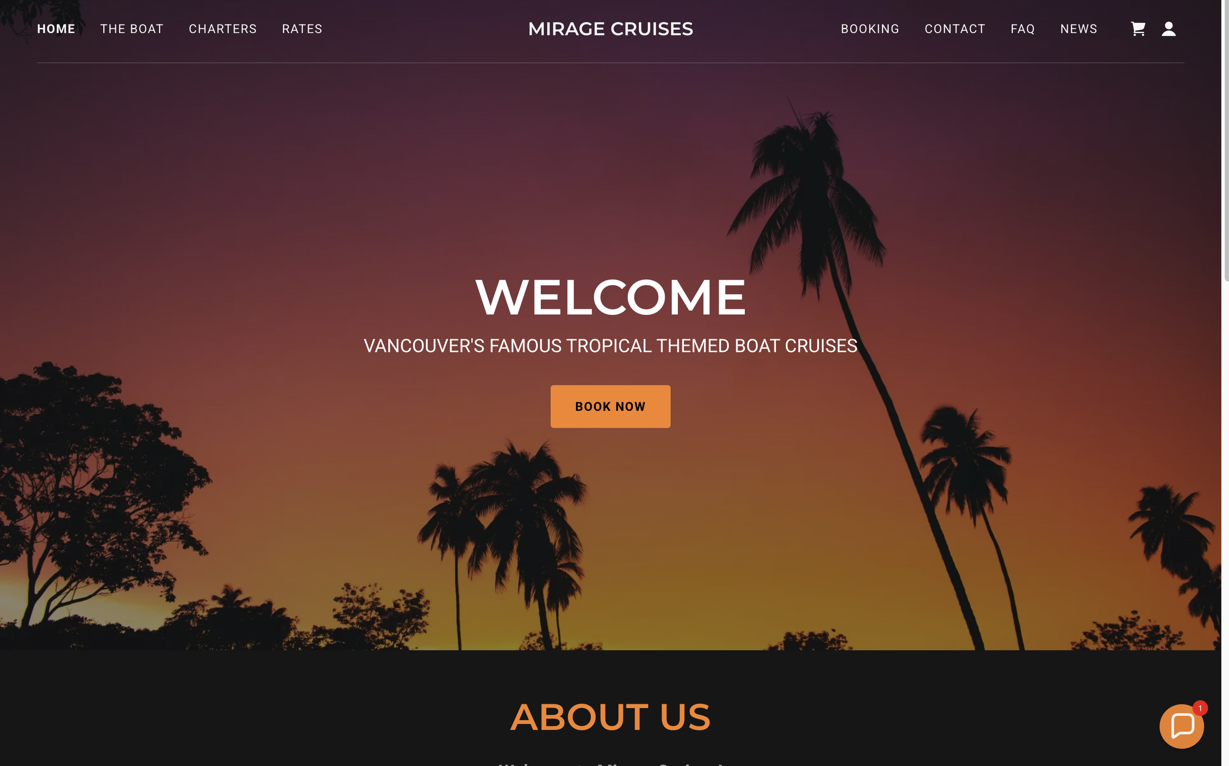 Sunset over a tropical landscape with silhouetted palm trees and other trees, promoting Vancouver's tropical-themed boat cruises.