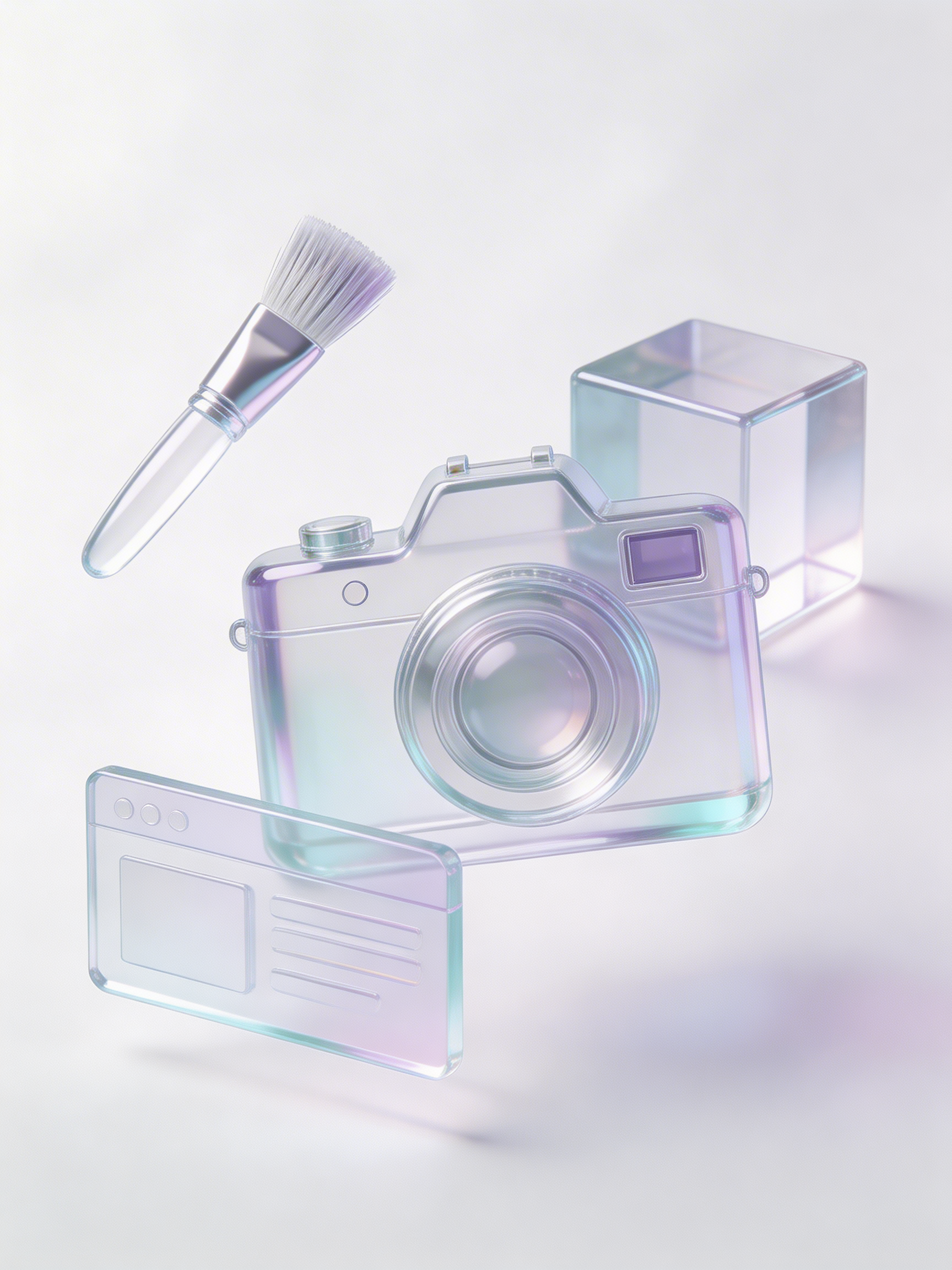 Holographic camera, test tube with paintbrush, blank calendar webpage, and transparent cube on a white background.