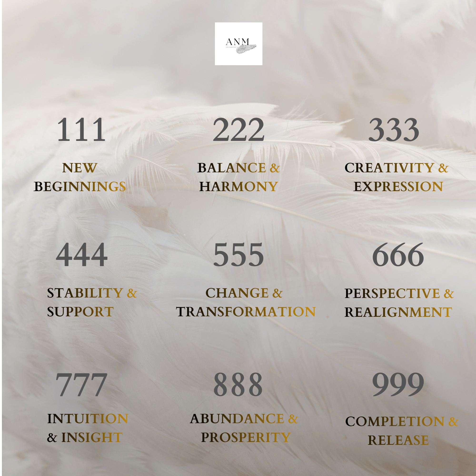 A decorative graphic featuring numbers and phrases associated with different concepts, set against a background of white feathers. Each number is accompanied by a phrase: 111 'New Beginnings', 222 'Balance & Harmony', 333 'Creativity & Expression', 444 'Stability & Support', 555 'Change & Transformation', 666 'Perspective & Realignment', 777 'Intuition & Insight', 888 'Abundance & Prosperity', 999 'Completion & Release'. The phrases are in black and gold text.