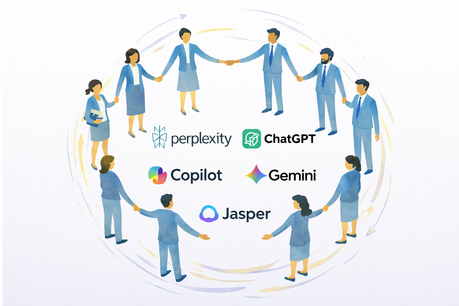 A digital illustration showing diverse businesspeople holding hands and forming a circle around logos of AI and chatbot platforms, including Perplexity, ChatGPT, Copilot, Gemini, and Jasper.