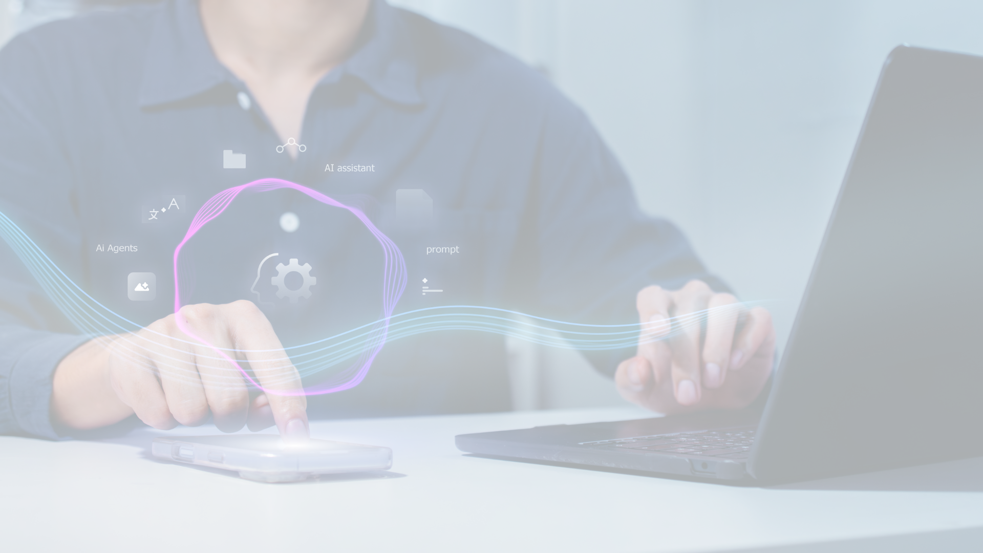 A person interacts with a smartphone and laptop, with digital icons and graphics related to artificial intelligence floating above, including labels like 'AI agent,' 'AI assistant,' 'prompt,' and a gear symbol.