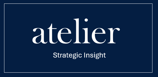 A dark blue background with the word 'atelier' in large white letters and the phrase 'Strategic Insight' below it.
