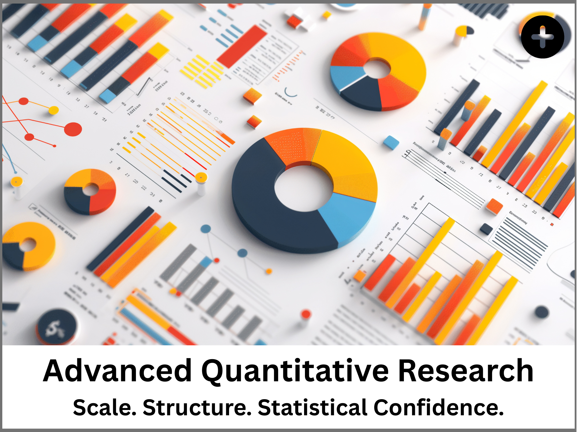 Close-up of colorful charts, graphs, and infographics related to advanced quantitative research, including pie charts, bar graphs, and line charts on a white background.