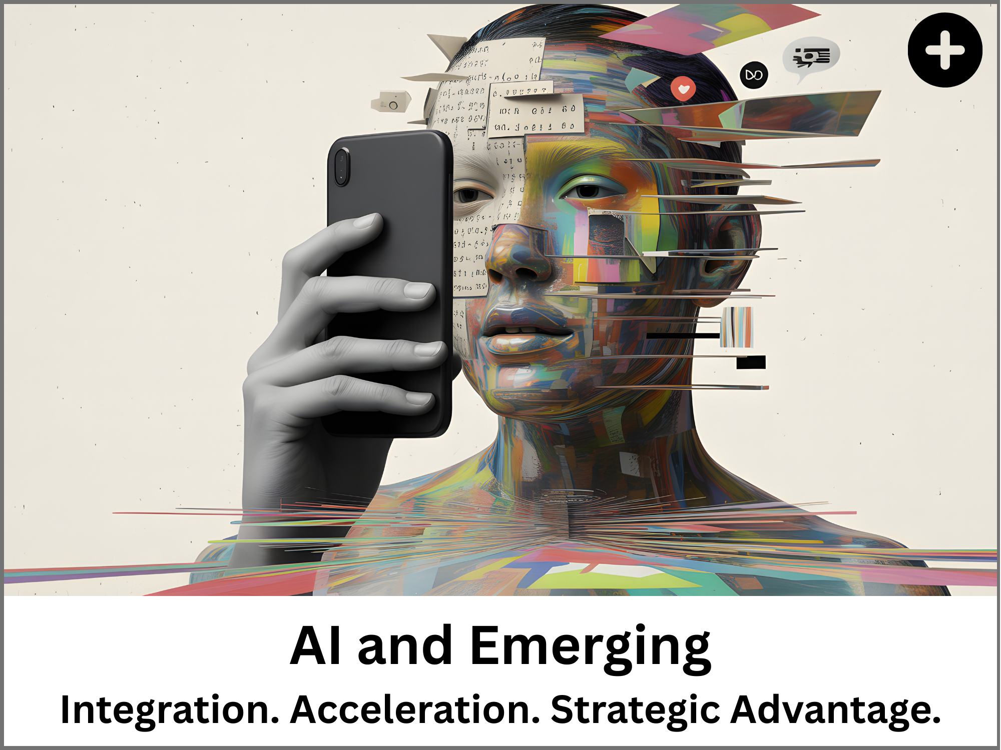 A digital artwork of a human face made of colorful digital brush strokes, with a black and gray hand holding a smartphone in front of the face. The background is light gray, and the top part features abstract digital elements. The bottom part include