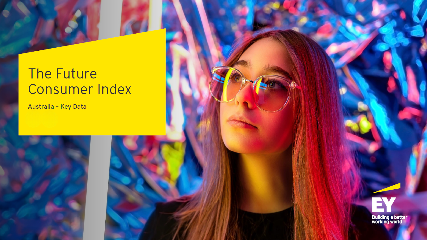A woman with long hair and glasses gazing thoughtfully against a colorful, illuminated background, with a yellow text box on the left that reads "The Future Consumer Index Australia - Key Data," and EY branding with the tagline "Building a better working world" in the bottom right.
