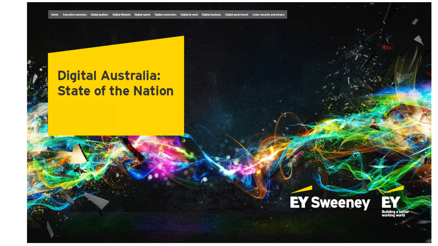 A colorful digital graphic with swirling, vibrant lights and fragments, overlaid with a yellow box containing black text that reads 'Digital Australia: State of the Nation'. The top of the image has a navigation menu with options related to digital and government topics. The bottom right features the EY Sweeney logo with the slogan 'Building a better working world'.