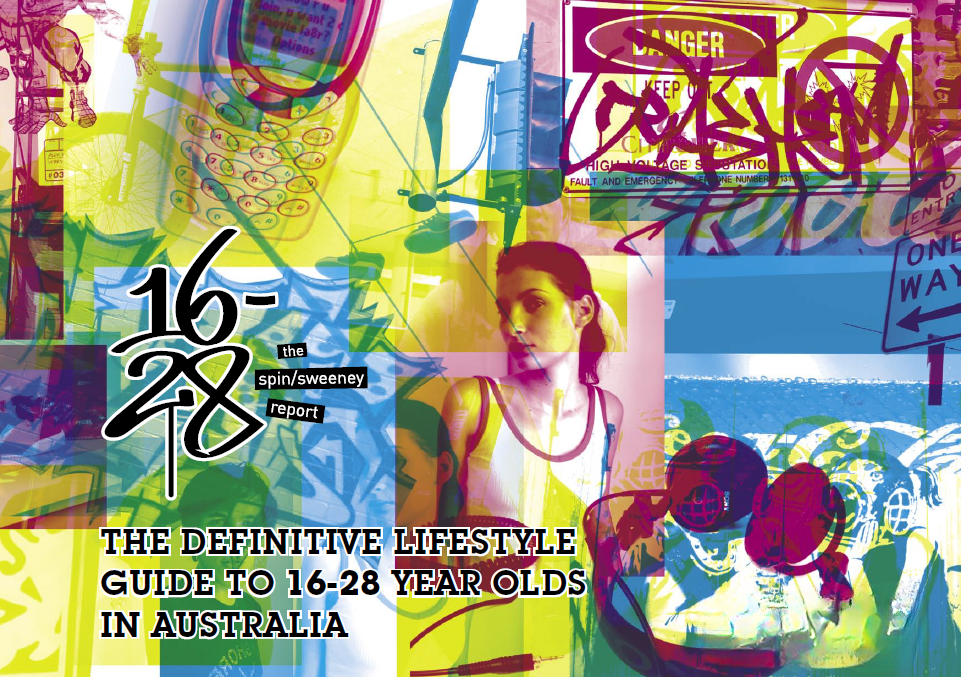 Colorful, layered collage of urban and street art elements with a central young woman, overlaid with text about a lifestyle guide for 16-28 year olds in Australia.
