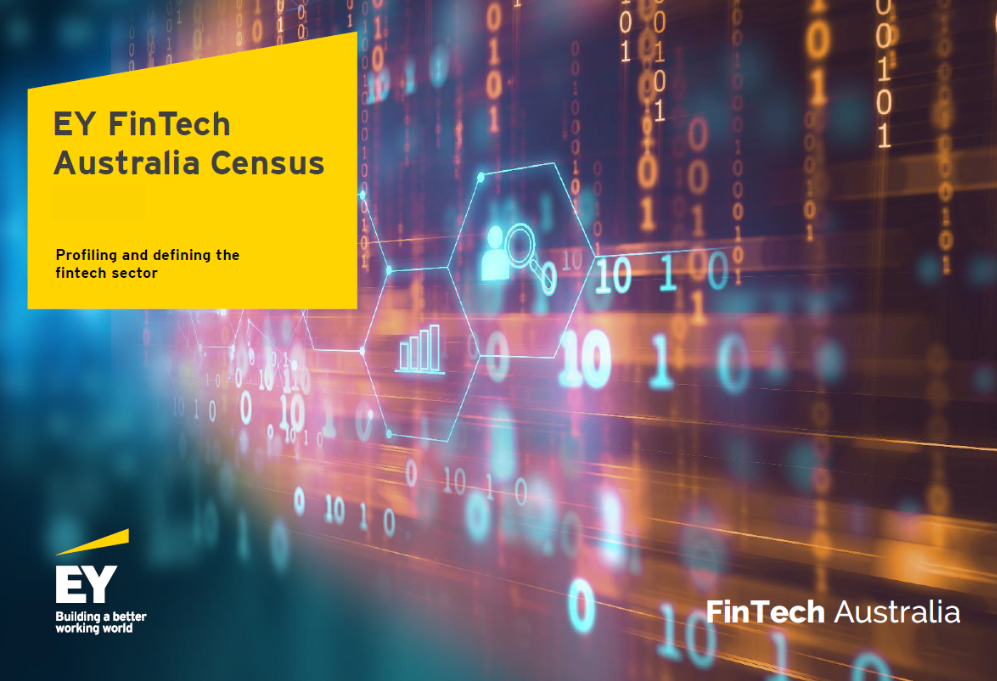 A digital graphic with binary numbers and data icons serving as the background, and a yellow box with black text that reads 'EY FinTech Australia Census, Profiling and defining the fintech sector.' The EY logo and slogan 