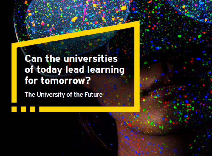 A digital graphic features bright, colorful paint splatters across a dark background, with a yellow-bordered text box containing the question, 'Can the universities of today lead learning for tomorrow?' and the subtitle 'The University of the Future'.