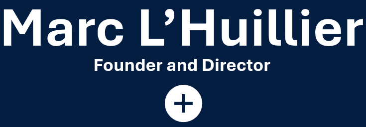 Dark blue background with white text displaying the name "Marc L'Huillier" and the title "Founder and Director" underneath, separated by a plus sign in a circle.