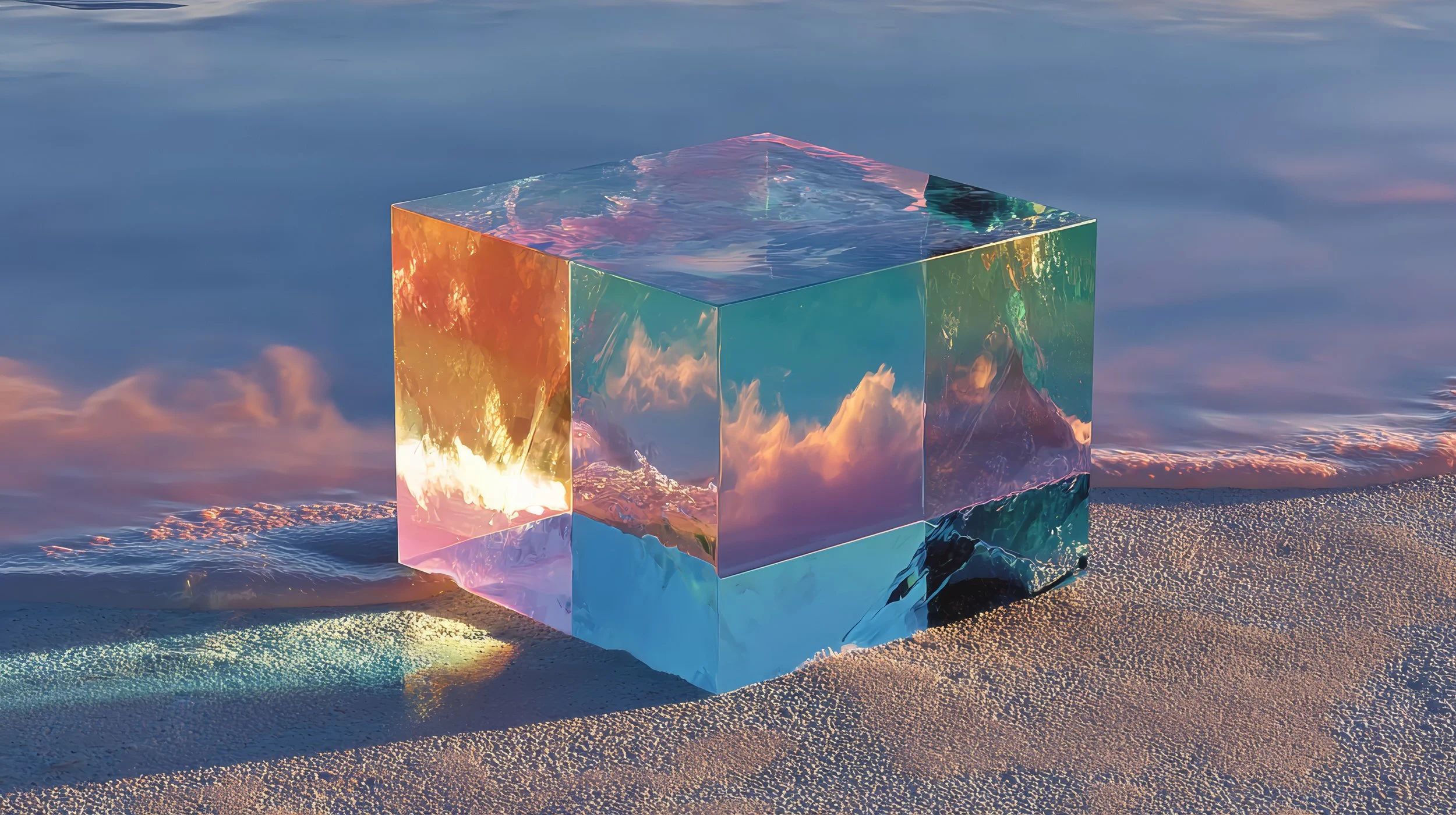 A large, transparent, reflective cube sitting on sand at the beach with ocean waves in the background, reflecting the colorful sky.