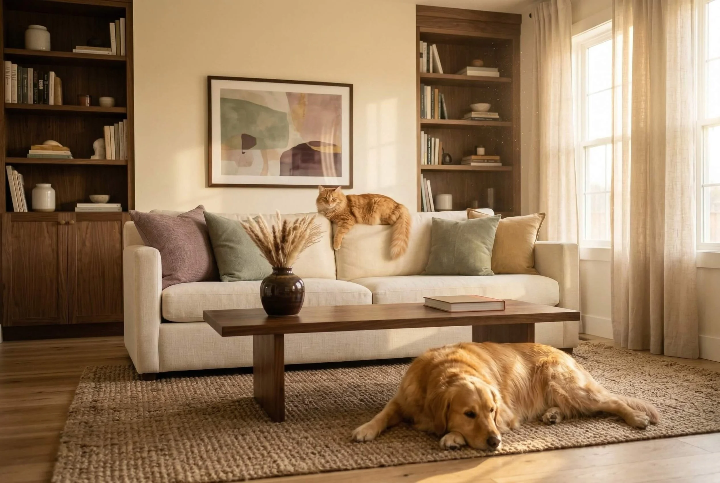 A cozy living room with a beige sofa adorned with green and purple pillows, a wooden coffee table with a book and a vase of dried flowers, a large window with cream curtains, built-in wooden bookshelves filled with books and decorative objects, a framed abstract artwork on the wall, a ginger cat lounging on the sofa, and a golden retriever lying on the rug on the floor.