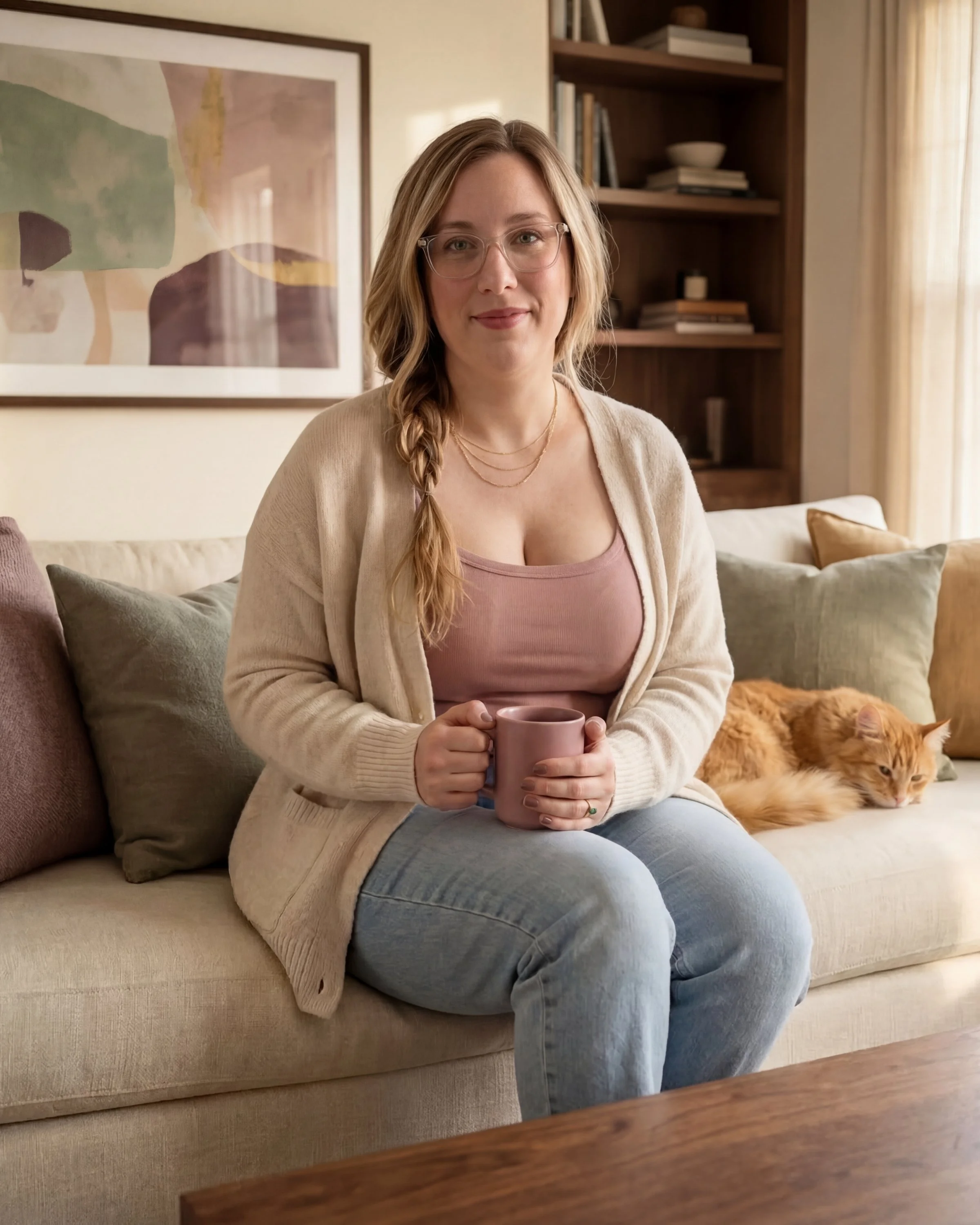 Katie · sofa · mug · tabby