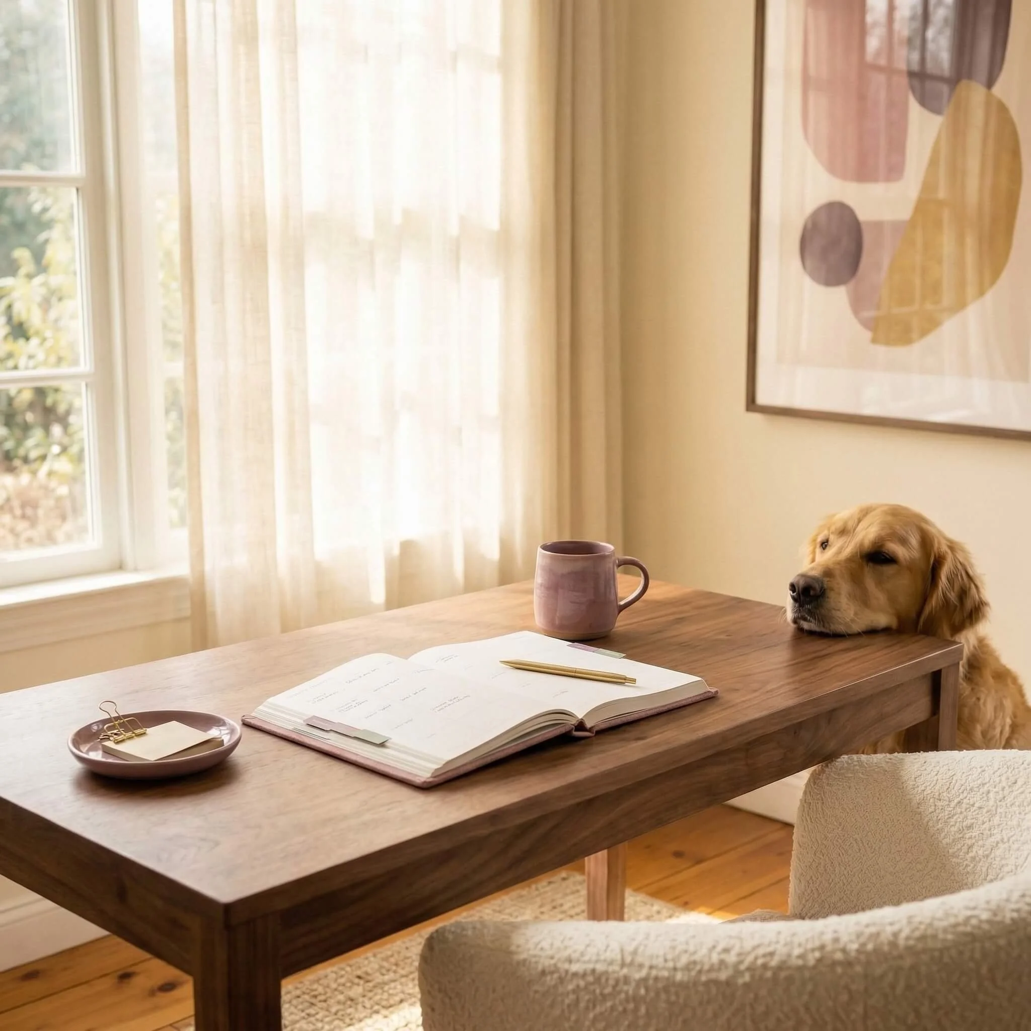 Golden retriever resting its head on a wooden table next to an open planner, a ceramic mug, and a small dish with clips, in a bright room with beige curtains and colorful abstract artwork.