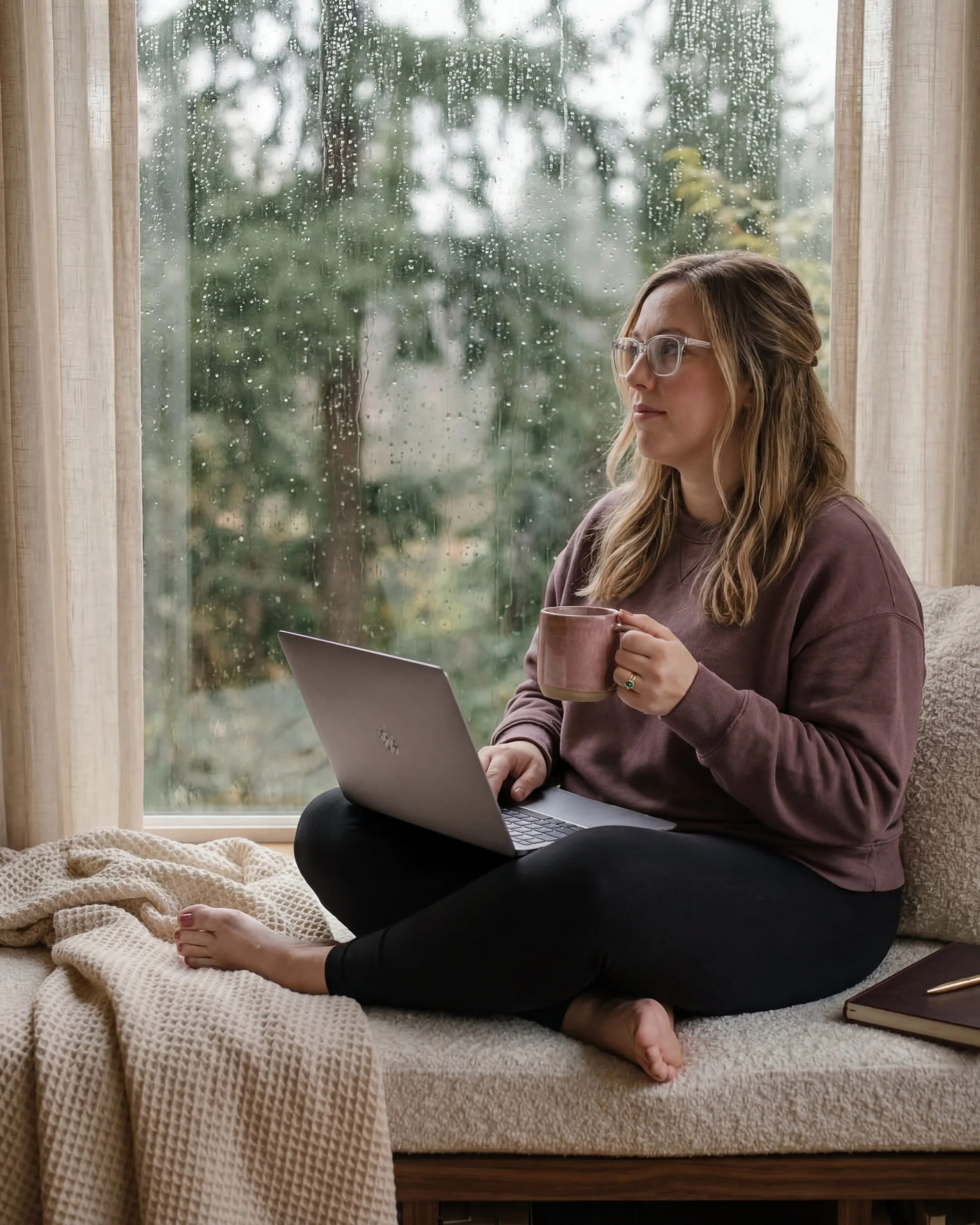 A woman sitting on a windowsill with rain on the window, holding a mug and working on a laptop, with a book and a notebook nearby.