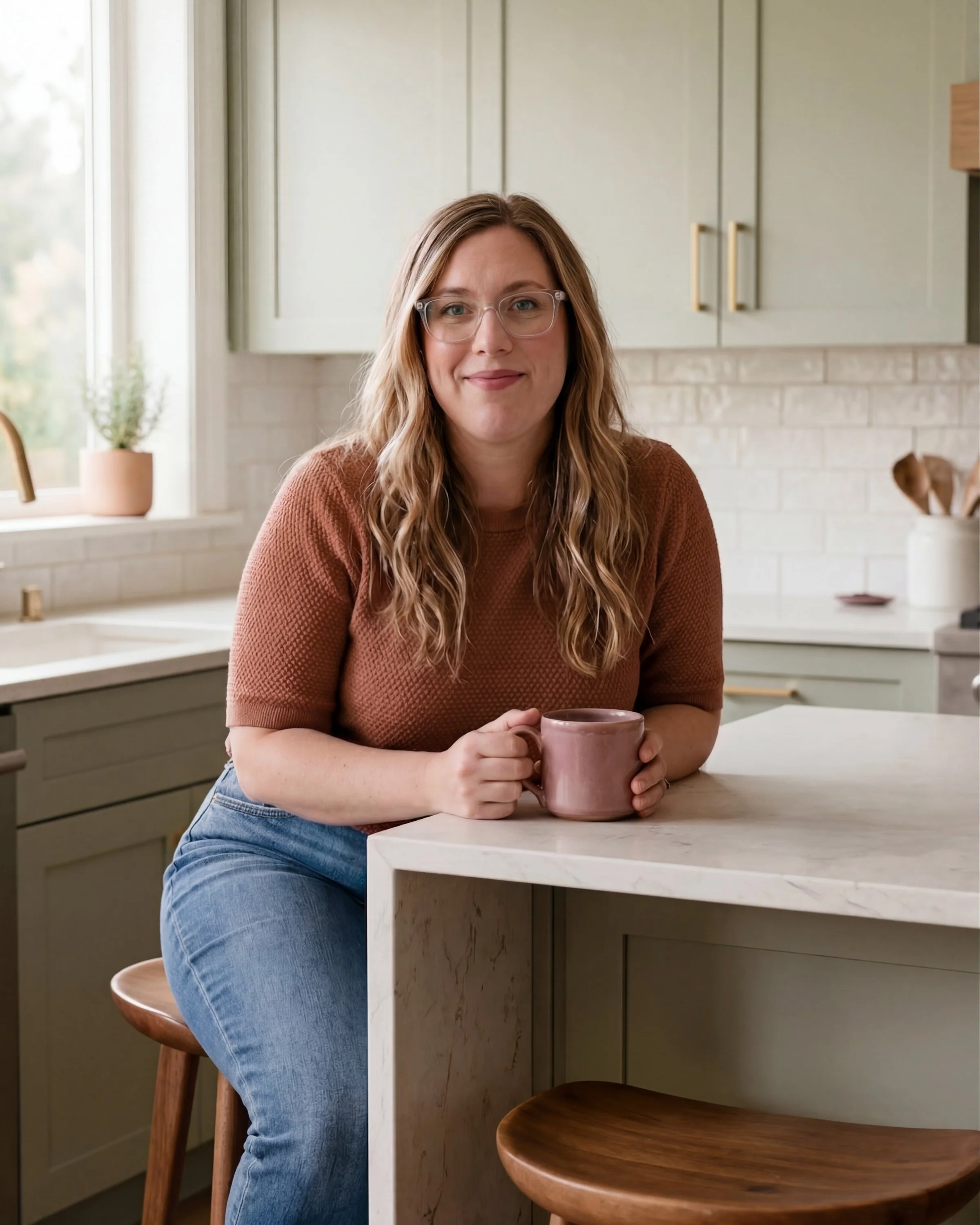 Woman with long wavy hair, wearing glasses and a rust-colored sweater, sitting at a kitchen island holding a pink mug, smiling at the camera.