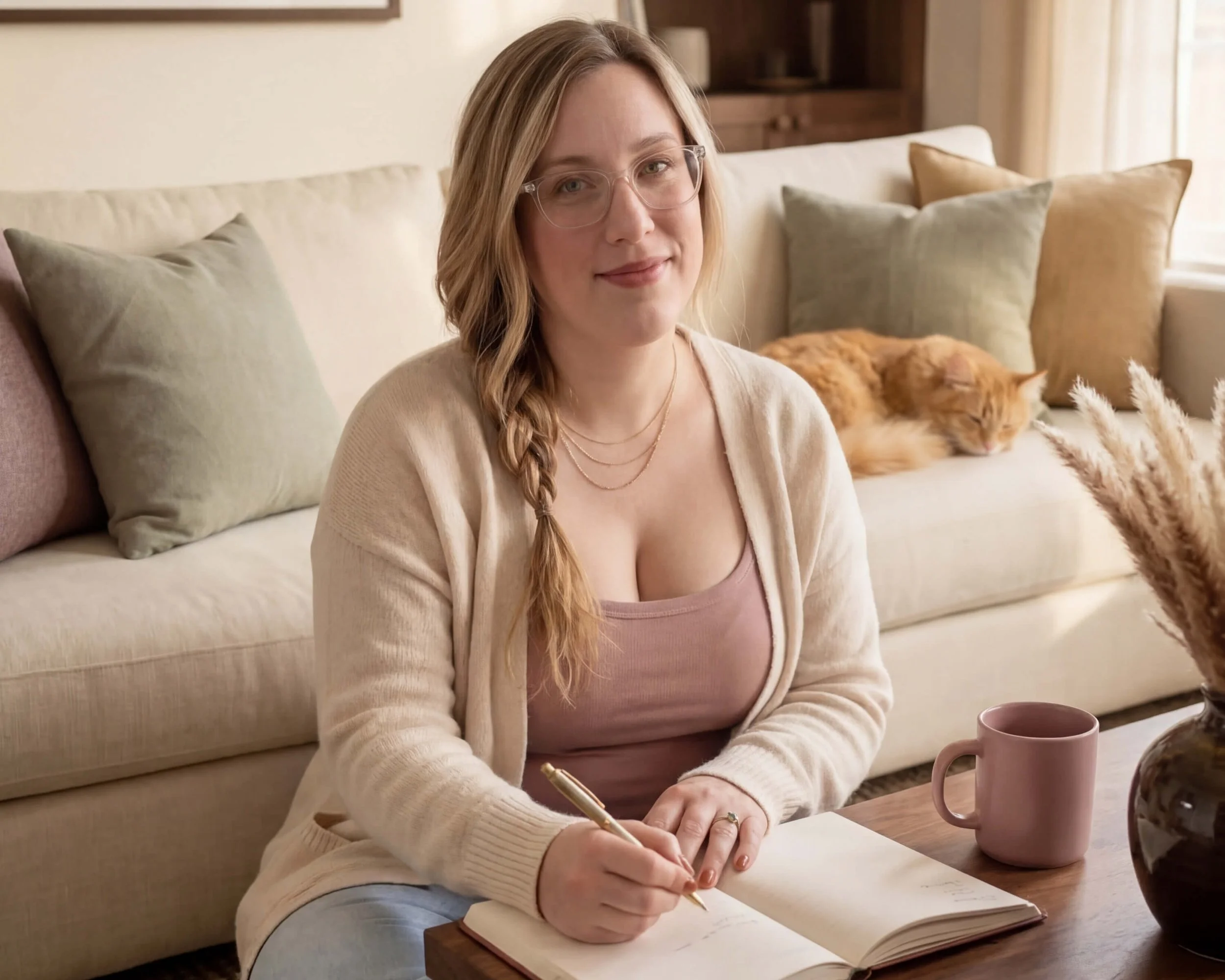 A woman with glasses and braided hair sitting on a beige couch, smiling at the camera, writing in an open notebook. There's a ginger cat sleeping on the couch behind her, and a pink mug on the table in front of her.