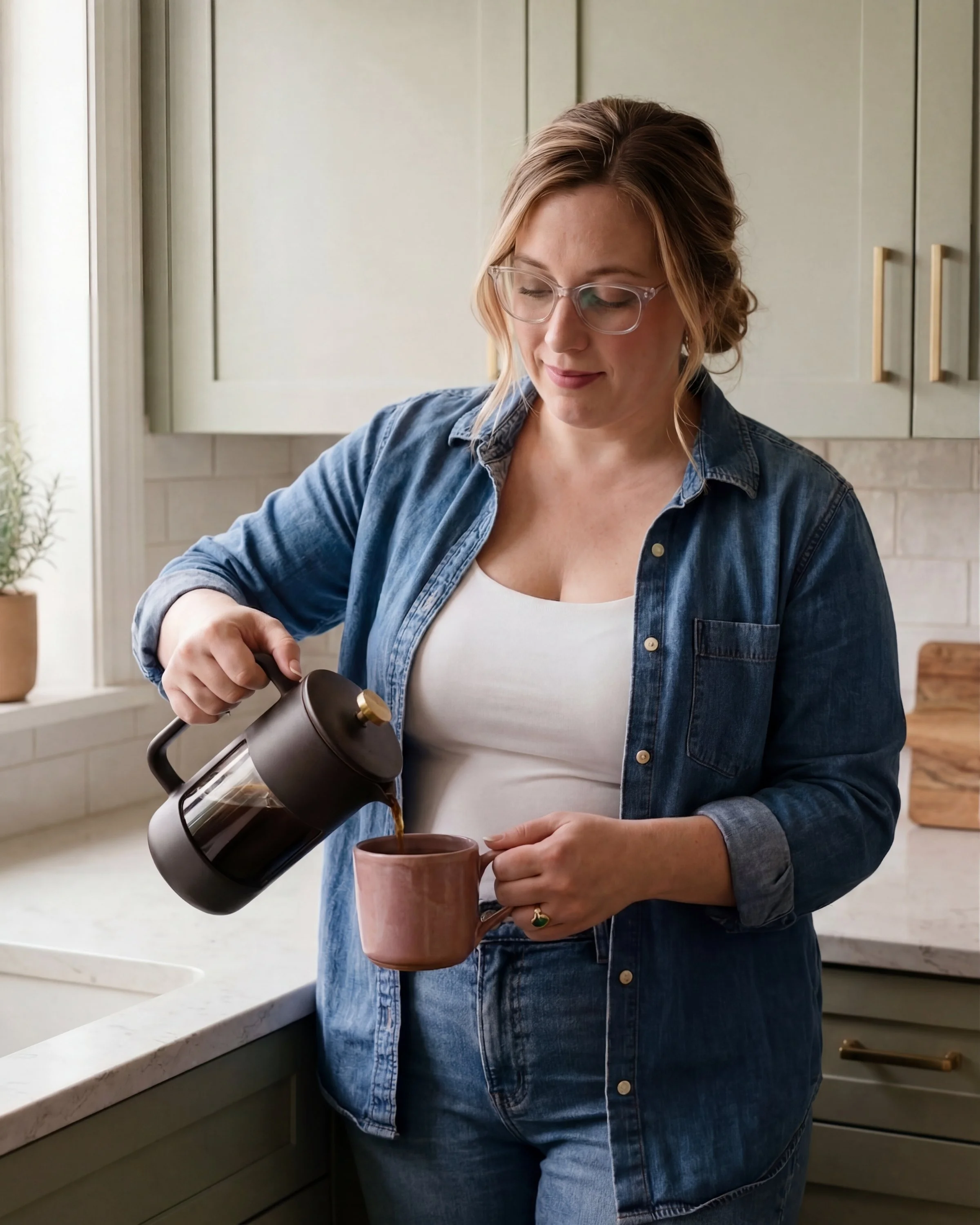 A woman in glasses and a denim shirt pouring coffee into a mug in a kitchen.