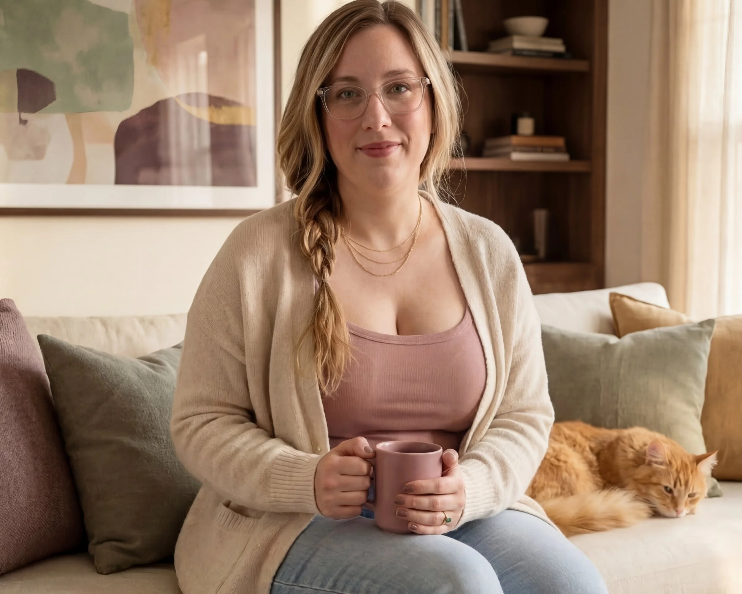 A woman with glasses and long hair in a braid sitting on a sofa holding a pink mug, with a ginger cat lying behind her, in a cozy living room with cushions, artwork, and a bookshelf.