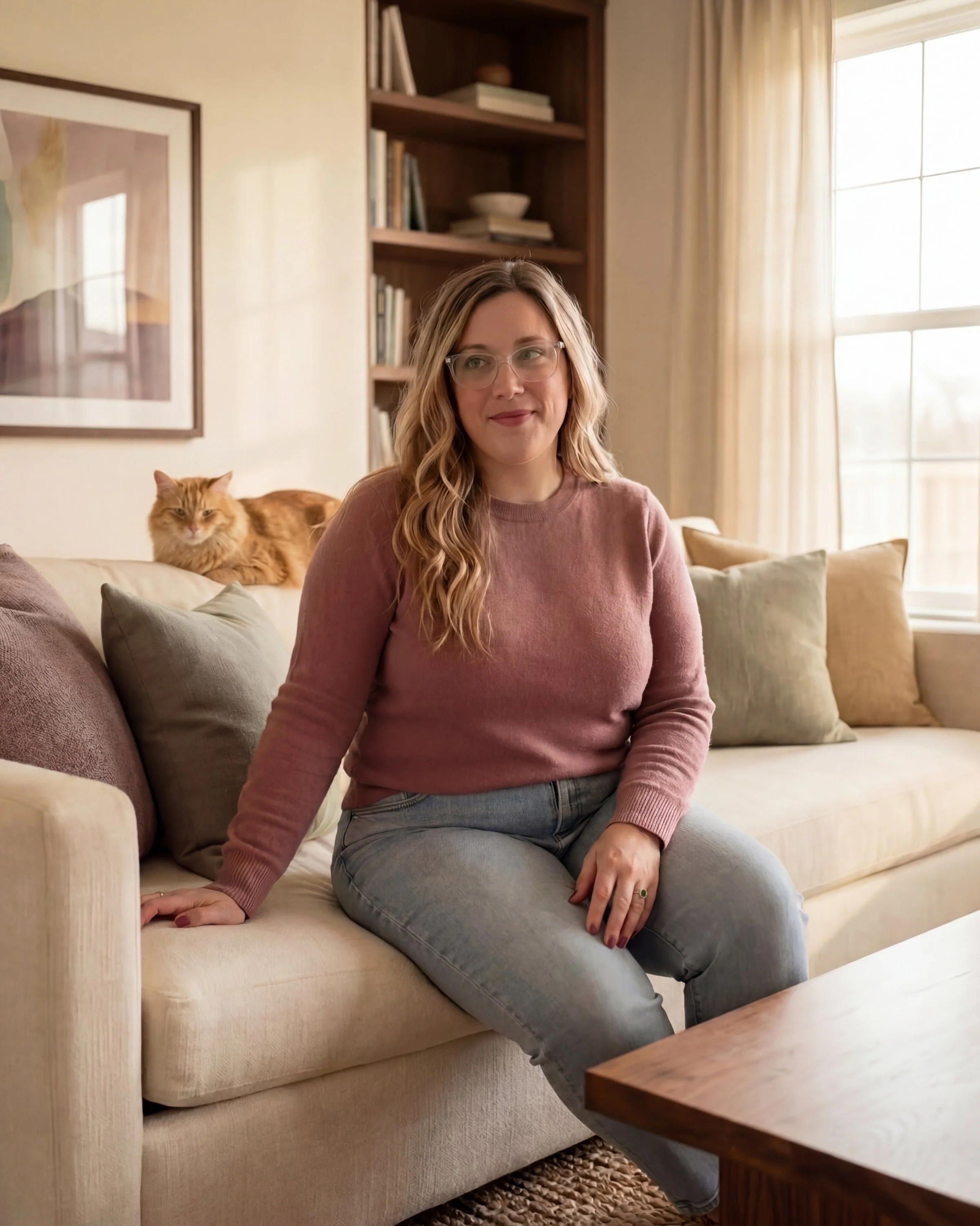 A woman with wavy blonde hair and glasses sitting on a beige sofa in a living room, with an orange cat lying behind her on the sofa and bookshelf, window with curtains in the background.