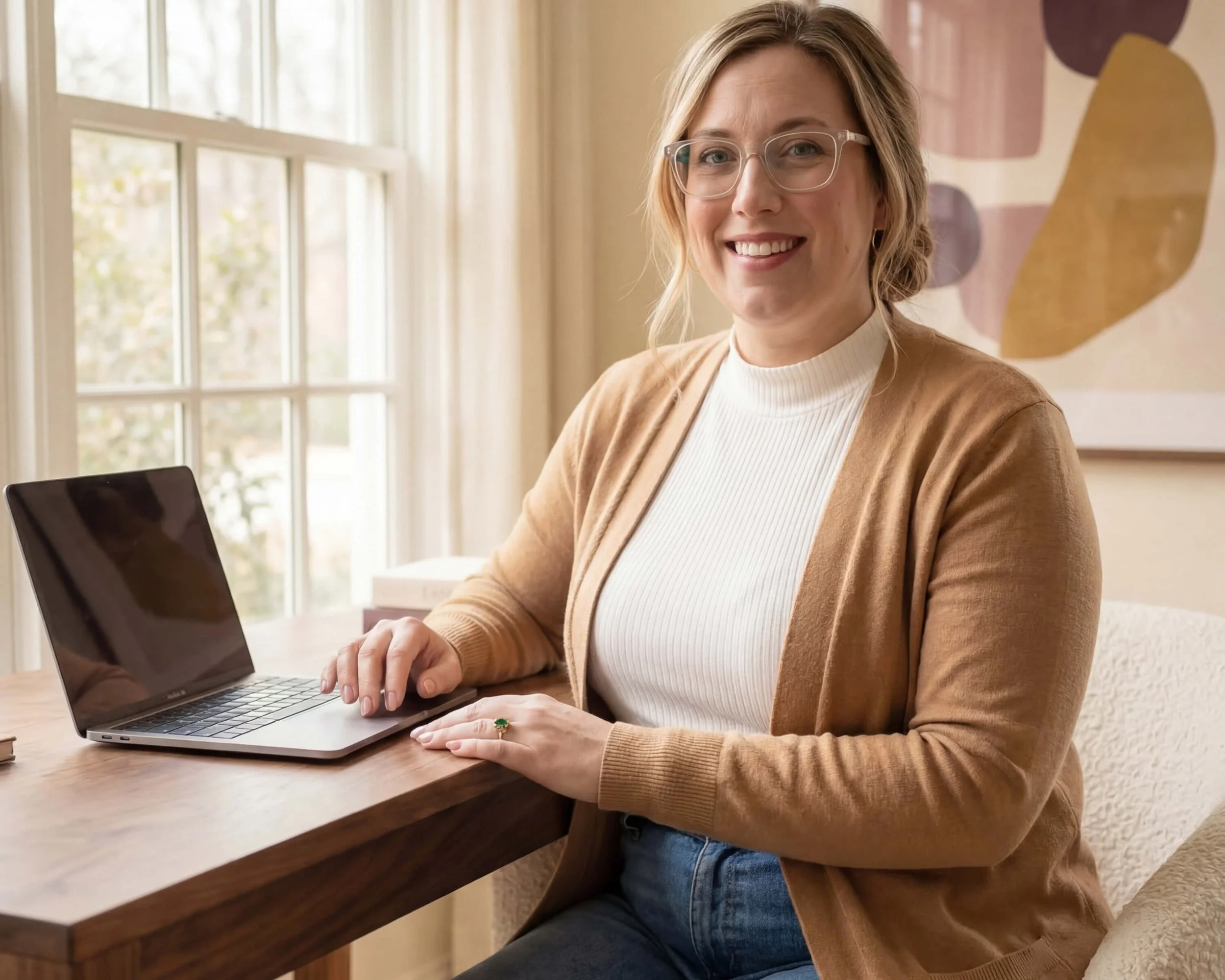 A woman with glasses sitting at a wooden table with a laptop, smiling in front of a window with natural light, in a cozy home setting.