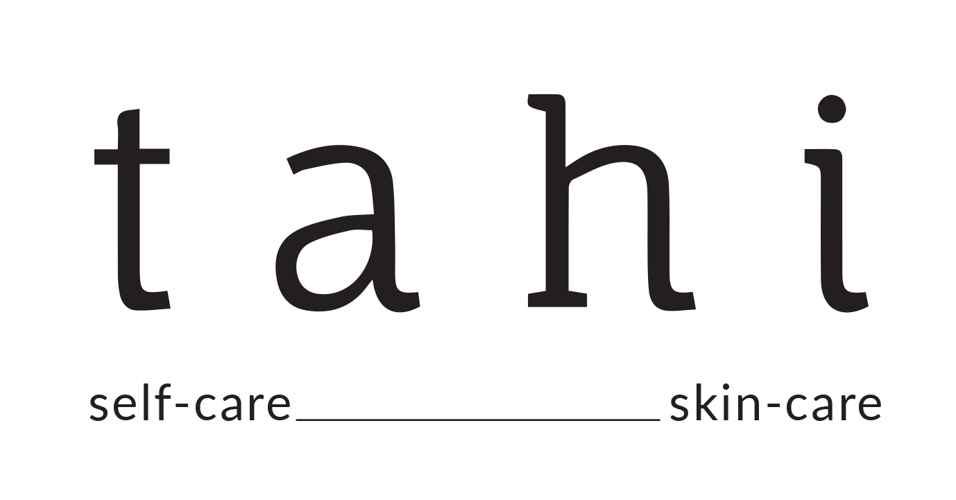 Text reading 'tahi' with 'self-care' on the left and 'skin-care' on the right, in black font on a white background. Tahi skincare logo