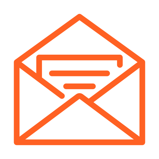 Outline of an open envelope with a letter inside, depicted in orange lines on a black background.