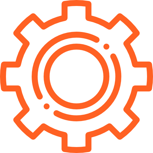 A stylized outline of a gear or mechanical cog in orange with a black background.