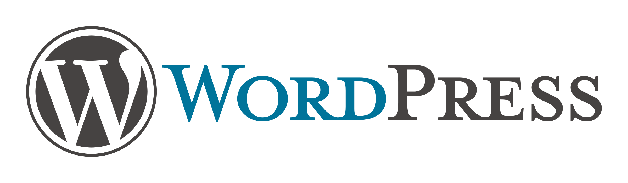 WordPress logo with a black and gray circle containing a stylized 'W' on the left, and the word 'WordPress' in blue and gray text to the right.