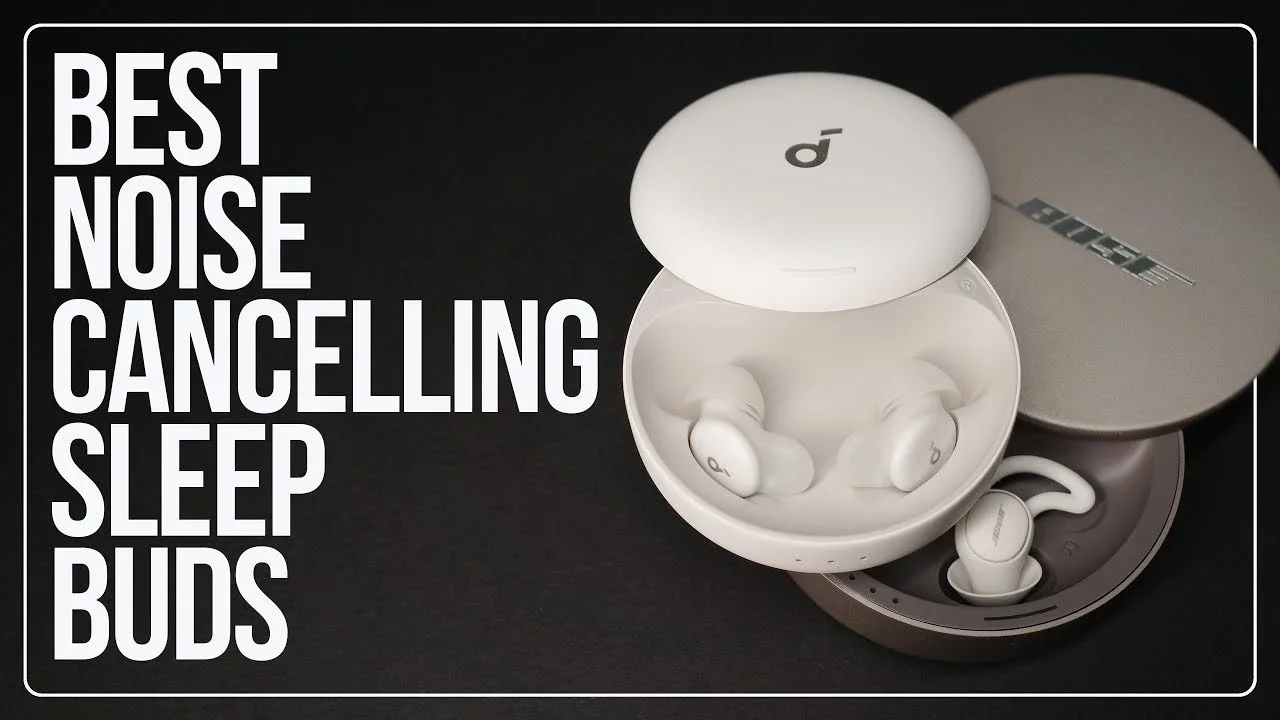 Wireless earbuds with a charging case and a Bose Bluetooth speaker on a dark background, promoting noise-canceling sleep buds.