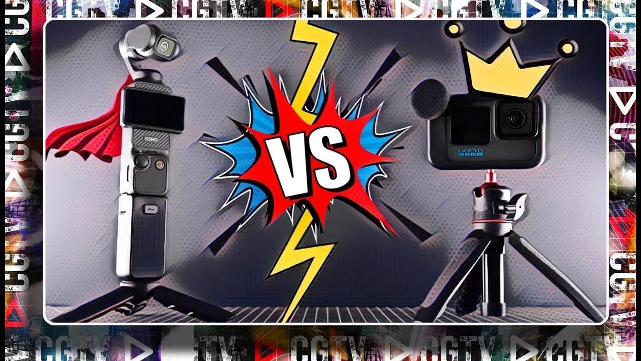 Comparison image showing a gimbal on the left and a GoPro camera on the right with a comic-style burst in the middle saying "VS".