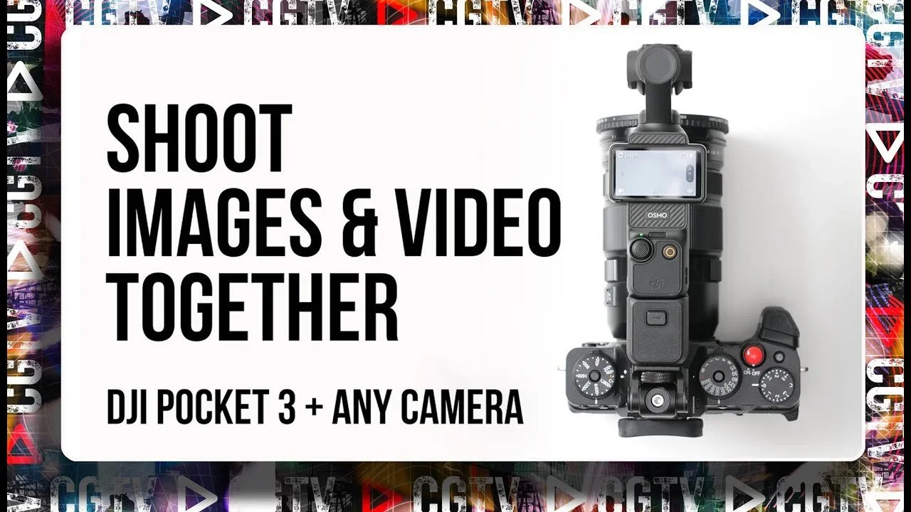 Promotion for shooting images and videos together with a DJI Pocket 3 and any camera, featuring an overhead view of a camera setup.
