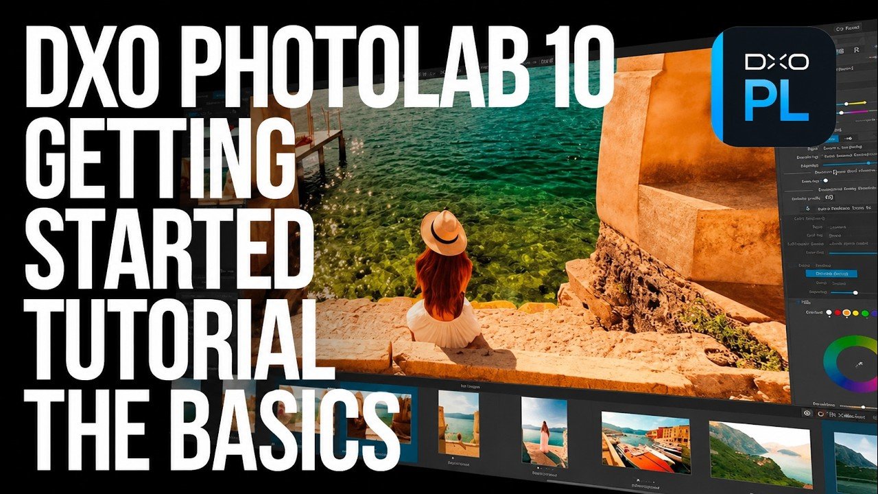 Screenshot of DXO Photolab 9 editing software with a photo of a woman sitting by the water wearing a hat, overlaid with large text 'DXO Photolab 9 Getting Started Tutorial The Basics'.