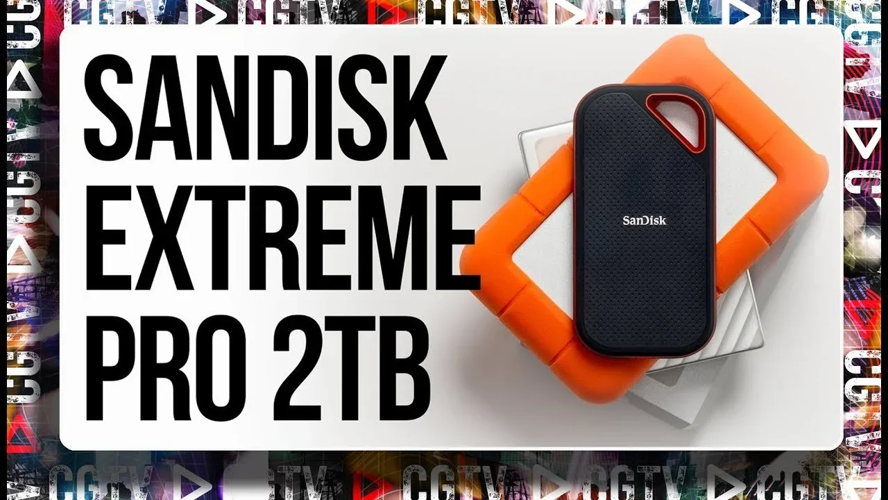 A SanDisk Extreme PRO 2TB portable external SSD is placed on top of an orange protective case, with a white surface underneath.