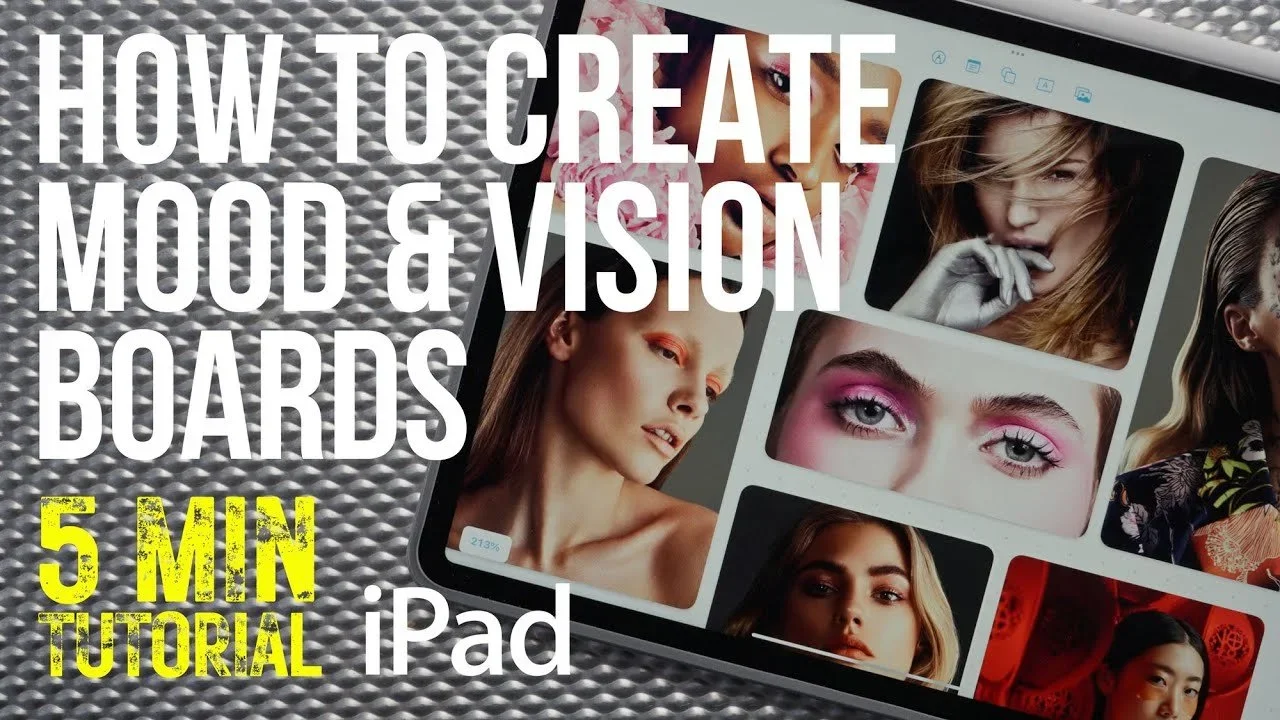A digital tablet displaying a collage of portrait photographs of women with different makeup styles and hair types, on a textured metallic surface.