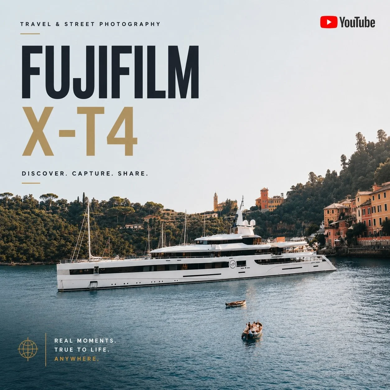 Large luxury yacht anchored in a harbor with hillside buildings in the background, featuring boats on the water and the YouTube logo in the top right corner, along with the text 'PORTOFINO FUDIFILM X-T4'.