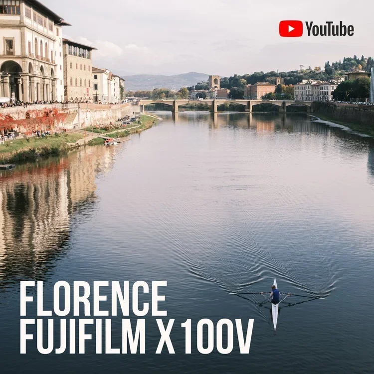 A person kayaking on a river with historic buildings and bridges in Florence, Italy, visible in the background.