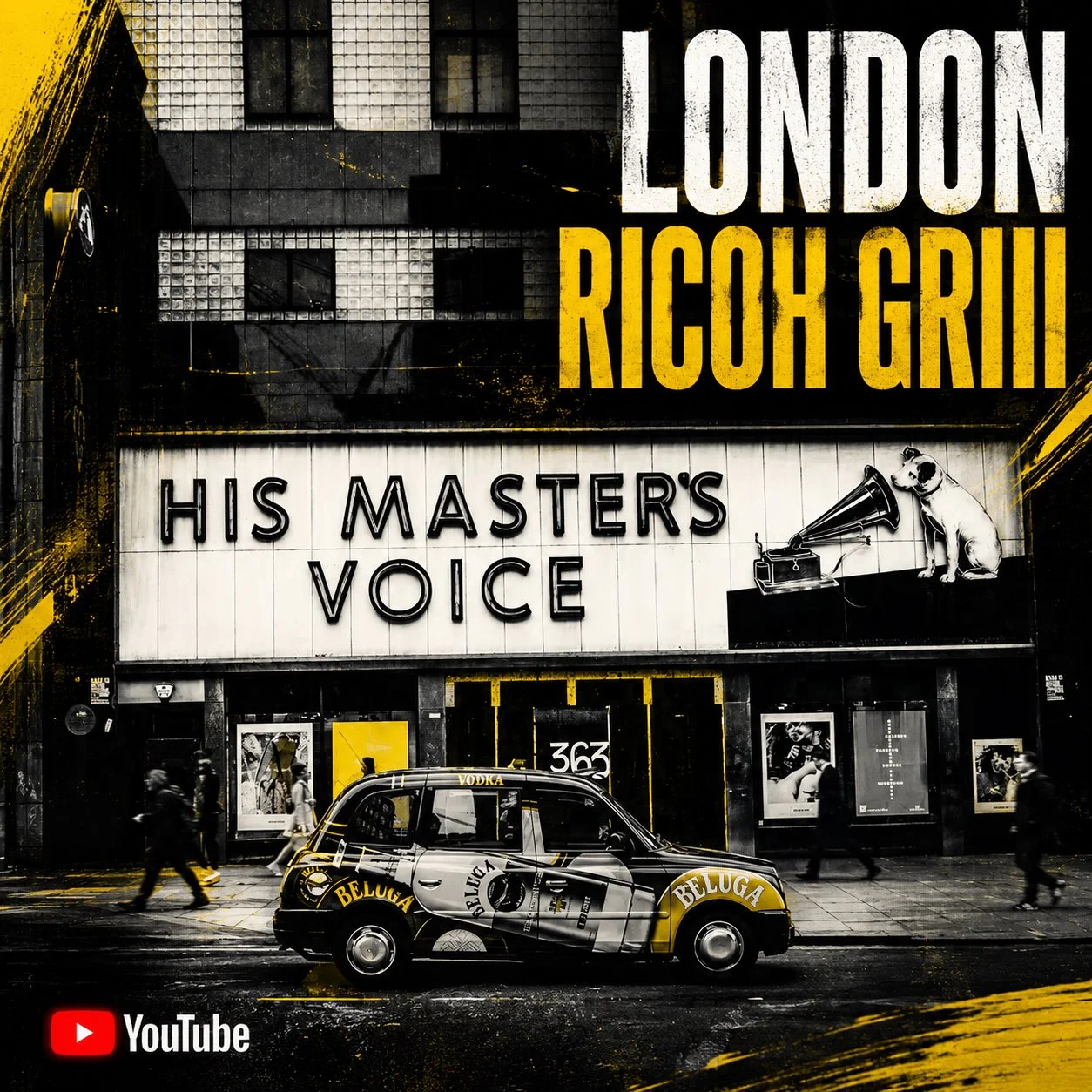 Black and white city street scene in London with a vintage black taxi in the foreground, advertising posters on the storefronts, a large sign for Ricoh Grill, and illuminated signage reading 'His Master's Voice' with a dog listening to a gramophone. 