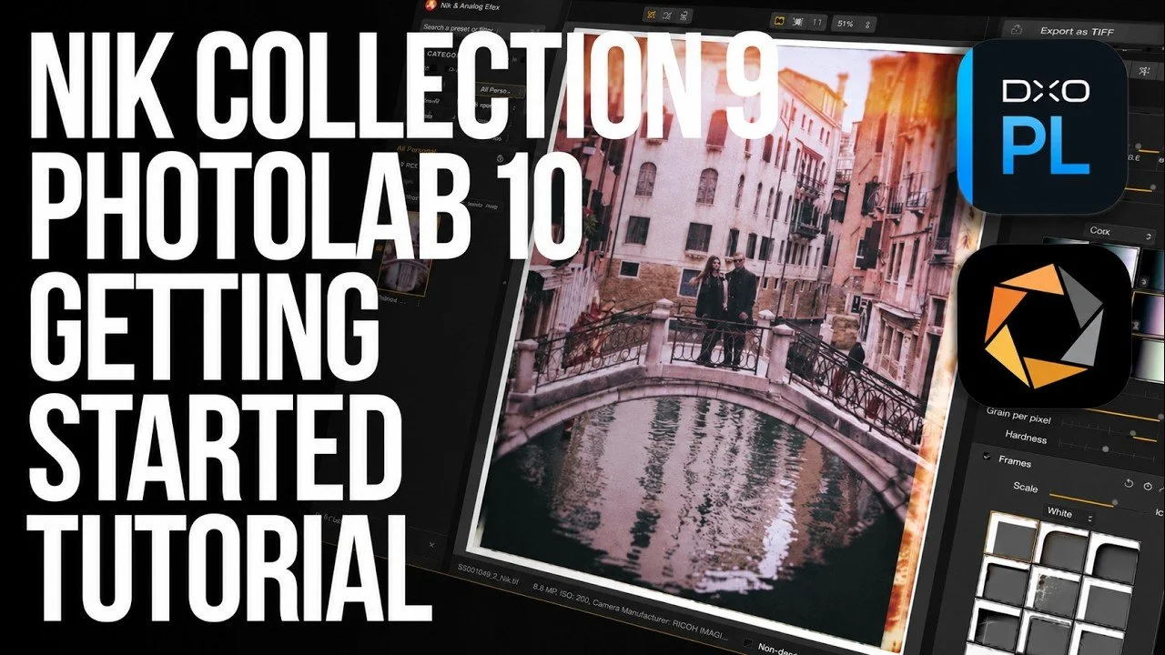 Tutorial cover showing editing software with a photo of two people on a bridge over a canal in Venice.