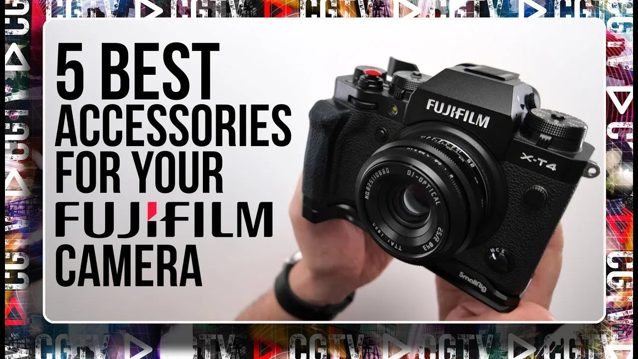 A person holding a Fujifilm X-T4 camera with a lens attached. Text on the image reads "5 Best Accessories for Your Fujifilm Camera". The background features a colorful, patterned border.