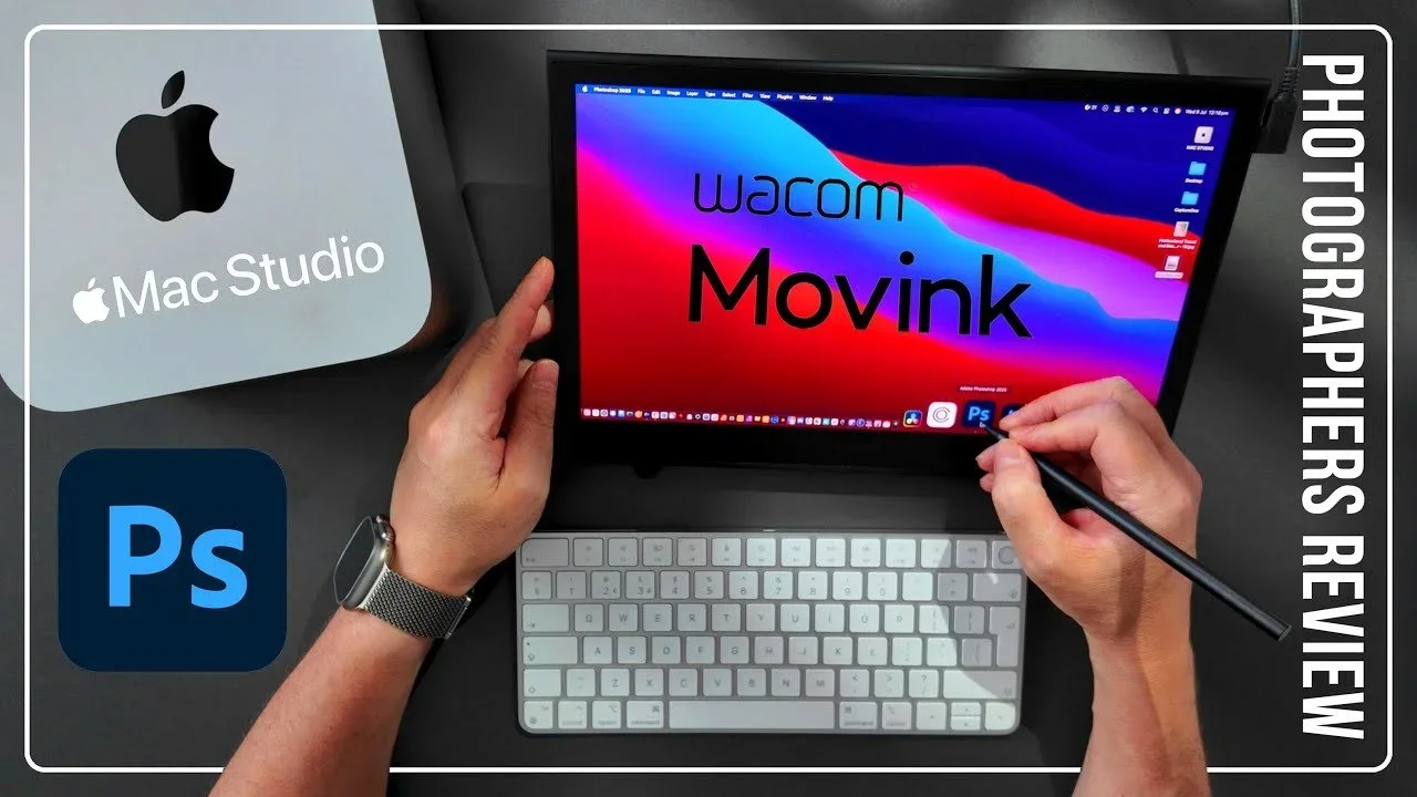 A person is using a stylus to draw on a tablet that displays the words 'Wacom Movink' with a colorful background. Surrounding the tablet are a computer mouse, a Mac Studio, and a keyboard. The image includes text indicating it is an Adobe Photoshop r