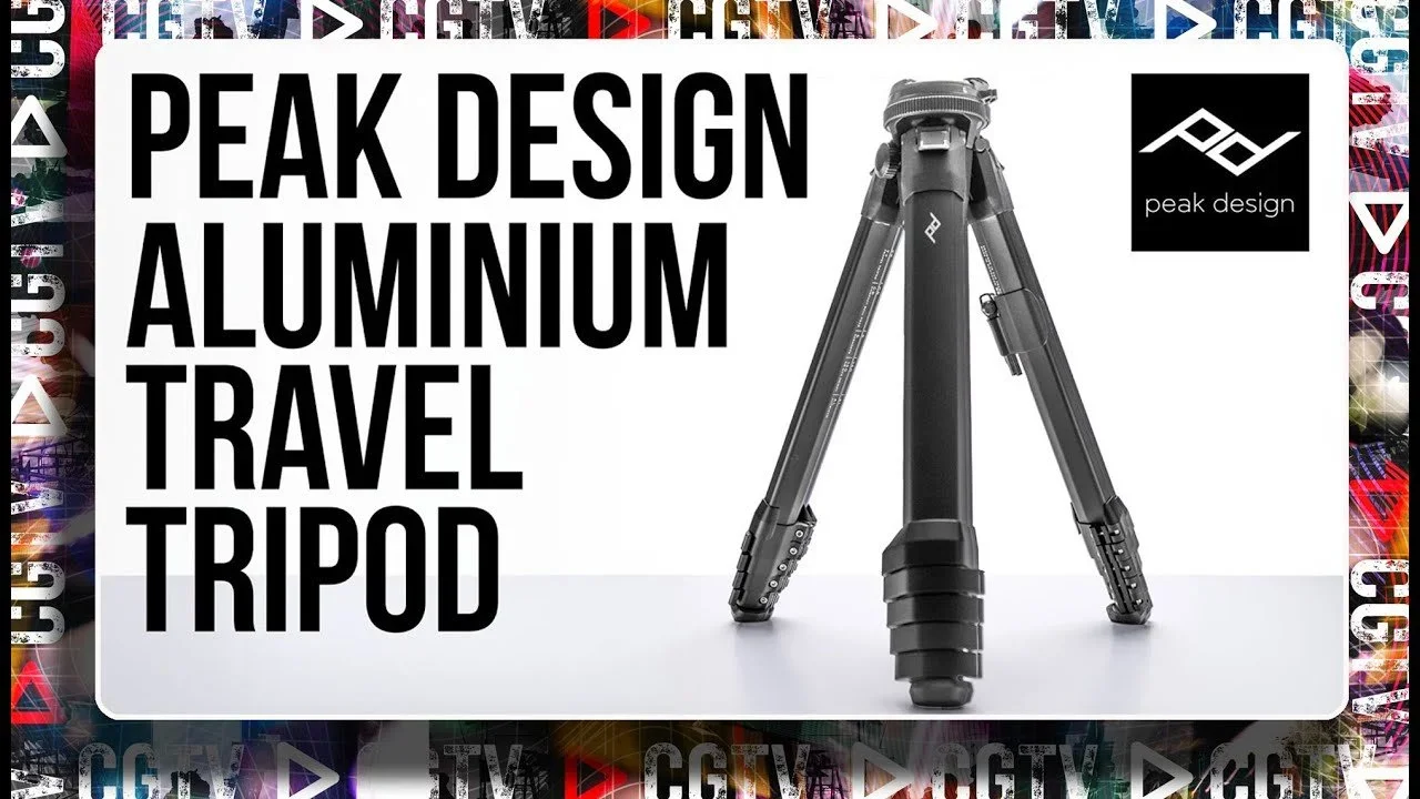 A black aluminum travel tripod with three extended legs. The background features a white box with black text that reads 'PEAK DESIGN ALUMINIUM TRIPOD' and a black and white Peak Design logo.