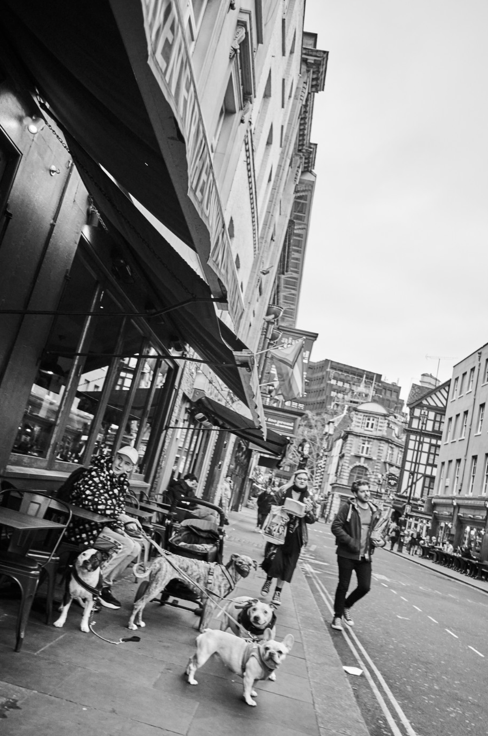 People walking and sitting on the sidewalk outside a cafe with dogs on leashes, tall buildings in the background, black and white photo.
