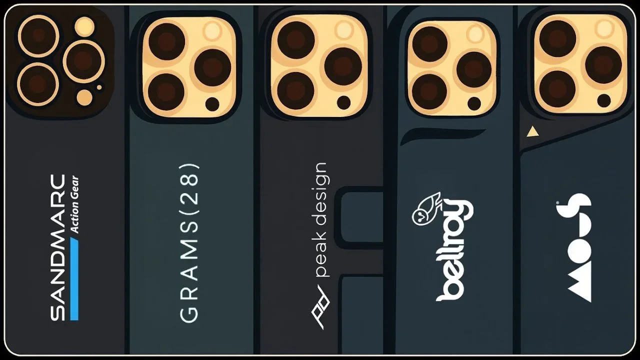 Close-up of a smartphone screen displaying multiple camera lens options from the Sandmarc app, with branding from Peak Design, Behringer, and Moov visible.