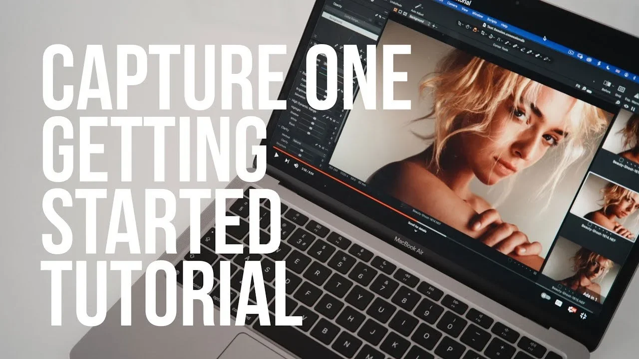A MacBook Air laptop displaying a photo editing software with an image of a woman with blonde hair on the screen. Overlaid text reads "Capture One Getting Started Tutorial".